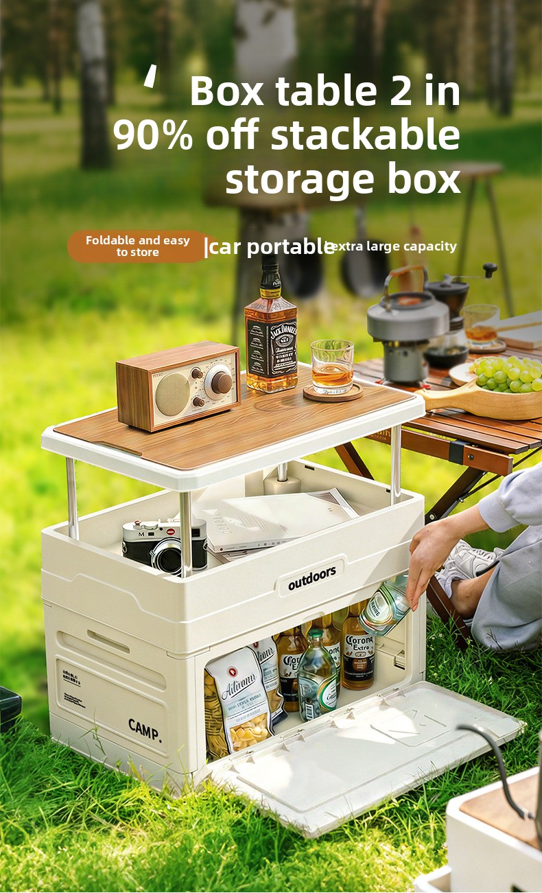 Car Trunk Organizer Foldable Storage Box - Camping Opvouwbare Opbergbox met Houten Deksel,